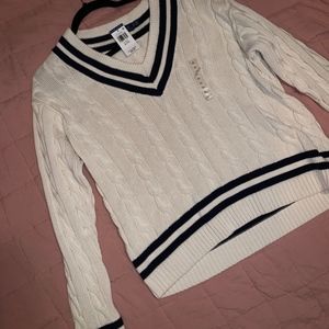 Ralph Lauren V-Neck White and Navy Sweater